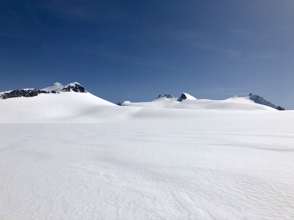 Look south on the Mamquam Icefield toward where we came from in the morning. We went up to that summit to the left in this photo later.