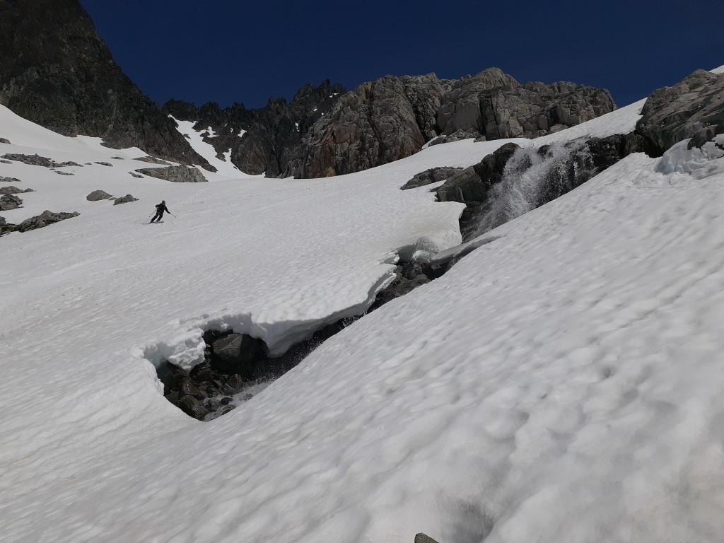 Fun times skiing around waterfalls exposed beneath the snow. Photo: MJ W. 