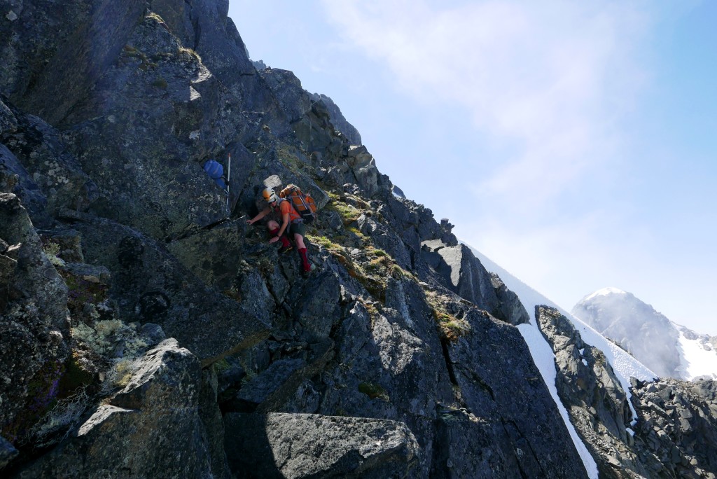 Caitlin clambering down one of the slightly exposed bits on the descent from Tundra peak to the Tundra-Aurora col.