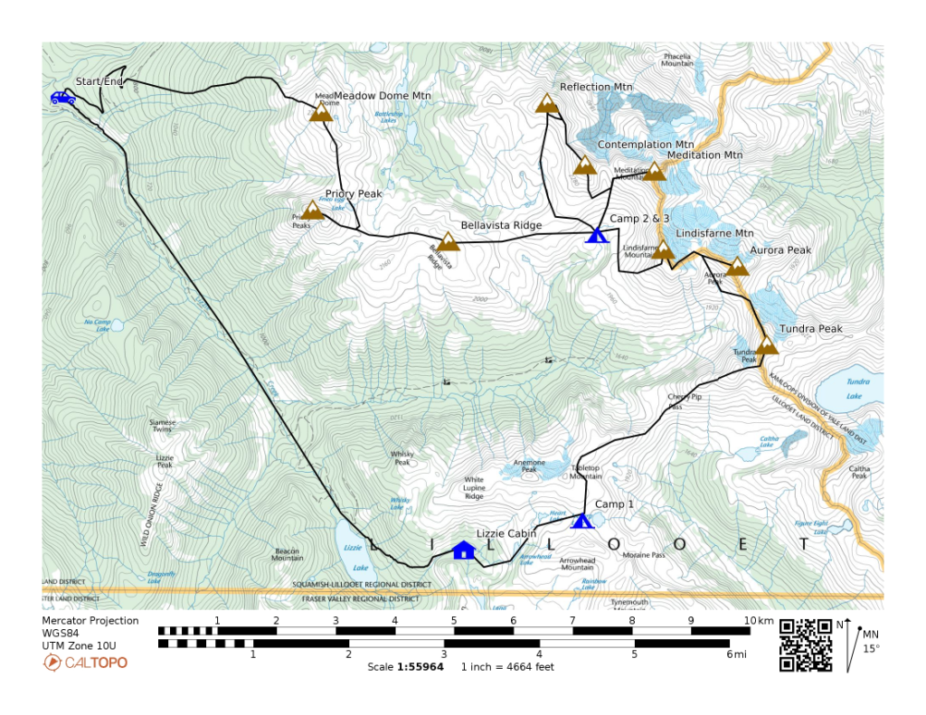 Map of the Meditation loop, starting up towards Lizzie Lake and returning from the Meadow Dome area.