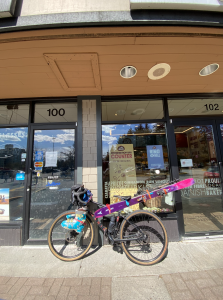 My bike and skis outside of Cobs