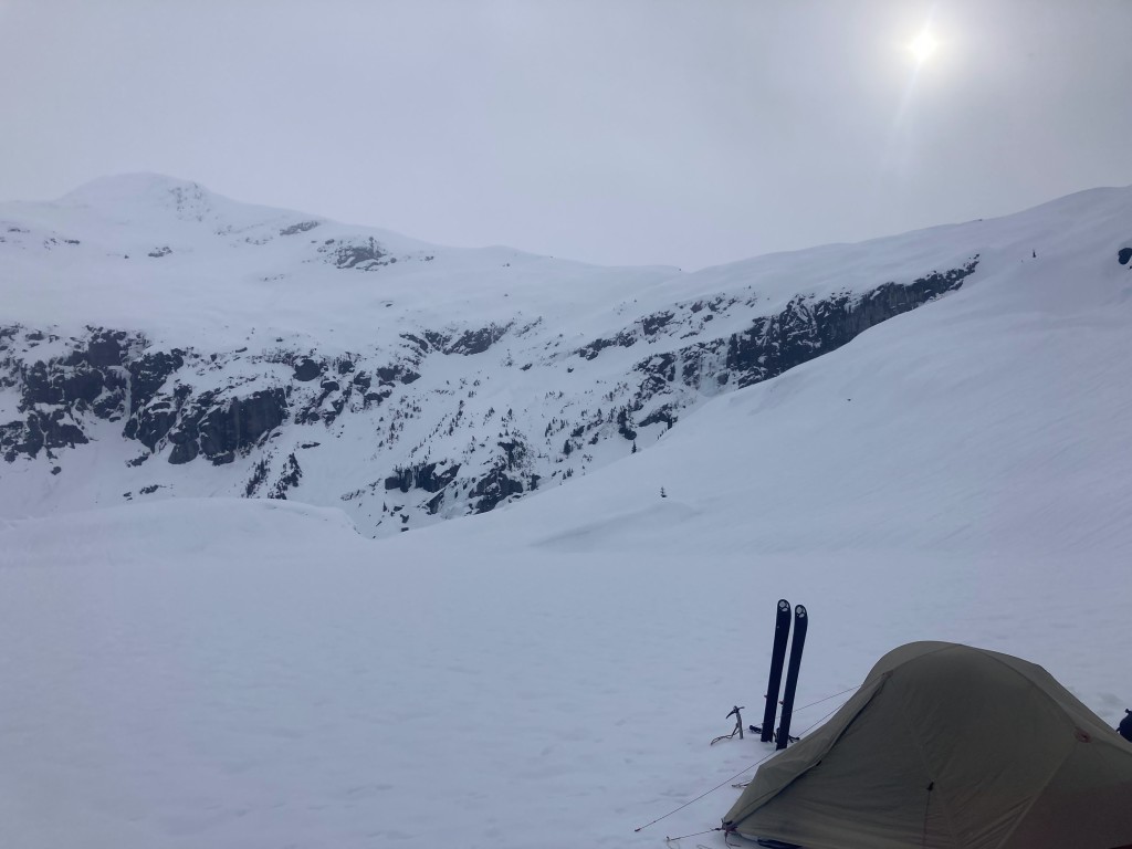 Our camp at Loquilts Lake (1350m); one of the few times we saw Sun Peak in the sun. PC: Ben