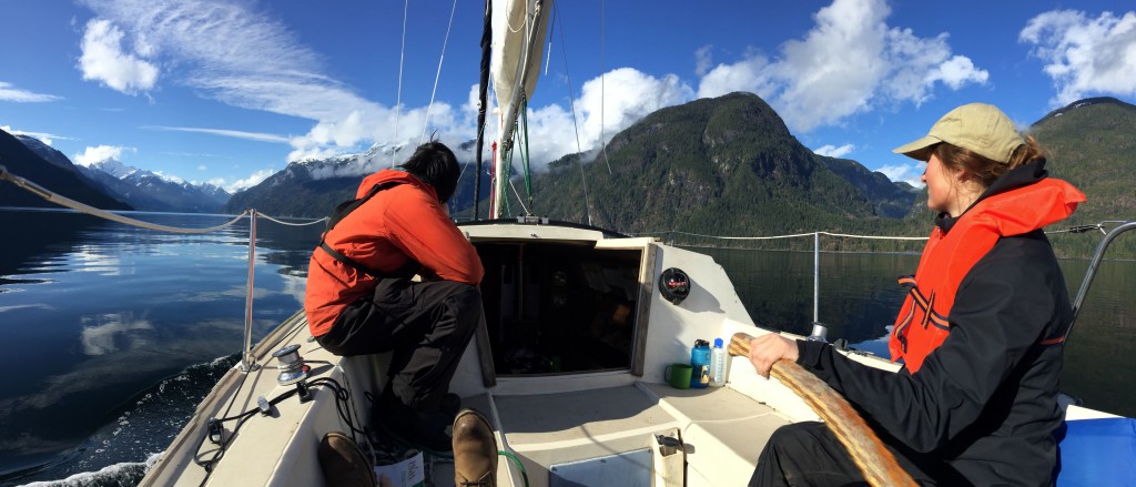 YYen and I looking down to the end of Jervis inlet (Mt Alfred far left). PC: Simeon