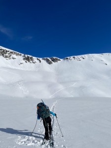 MJ ahead retracing our skin track on Trorey Glacier.