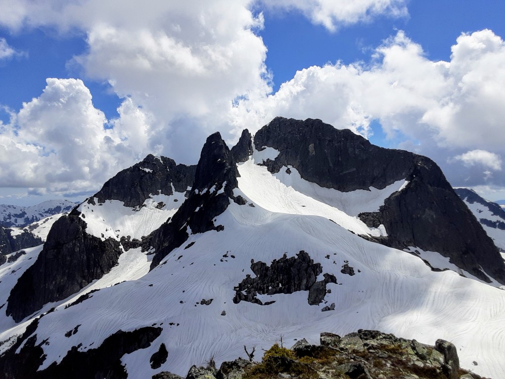 Thumb, Ring Finger, and Middle Finger from the summit of Little Finger. Note the thin snow finger which provided access to Thumb and Middle Finger summits