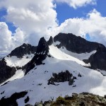 Thumb, Ring Finger, and Middle Finger from the summit of Little Finger. Note the thin snow finger which provided access to Thumb and Middle Finger summits