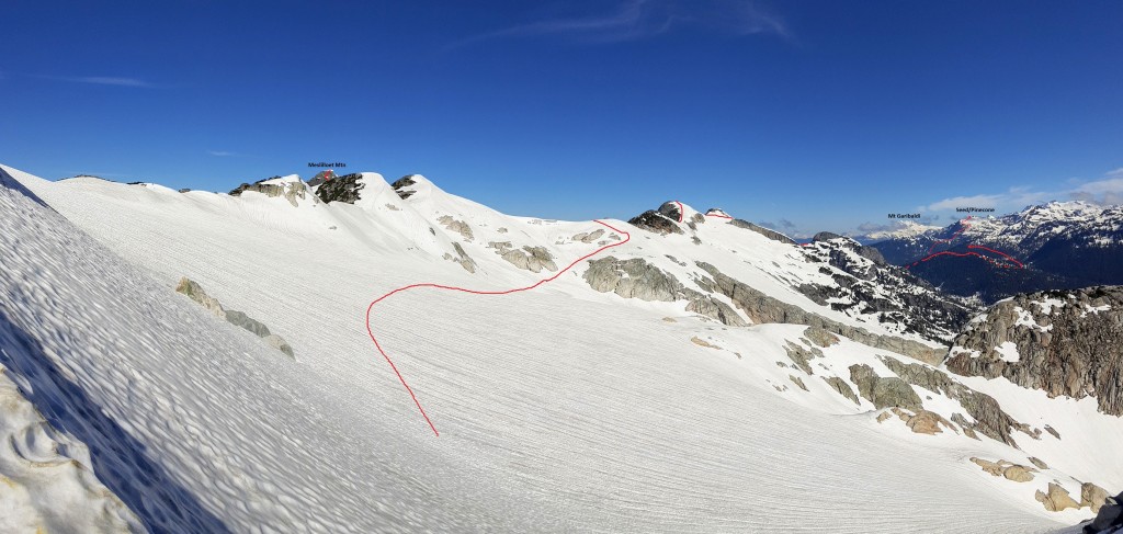 Meslilloet East glacier, with the rest of the day's route visible in the distance