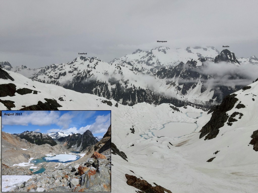 Lakes in the north-facing cirque under Cotard Peak. Insert: the same view captured by VOCers in August 2017. Note the seasonal difference in terrain