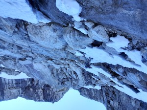 descending the remains of a snow finger on our way back to camp