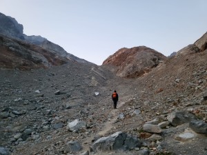 Walking up the glacier runout which exits out onto the bowl