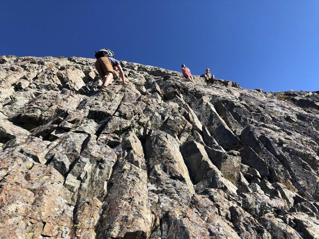 Fiona, Will, and I downclimbing the Pink Slab.