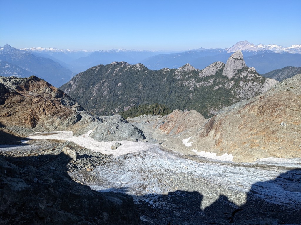 Looking down on the glacier from the ridge. Notice the debris cover. Our route followed the narrowest section between debris and rock.