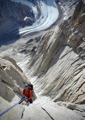 Navigating the steeps on descent, preemptive headlamp. NB Photo.