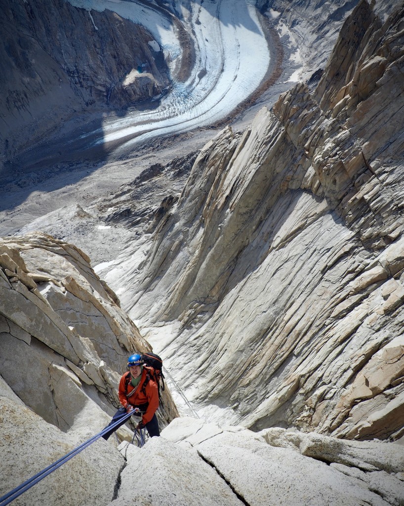 Navigating the steeps on descent, preemptive headlamp. NB Photo.