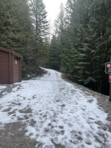 The start of our trail, covered with slushy snow not adequate for skinning up.
