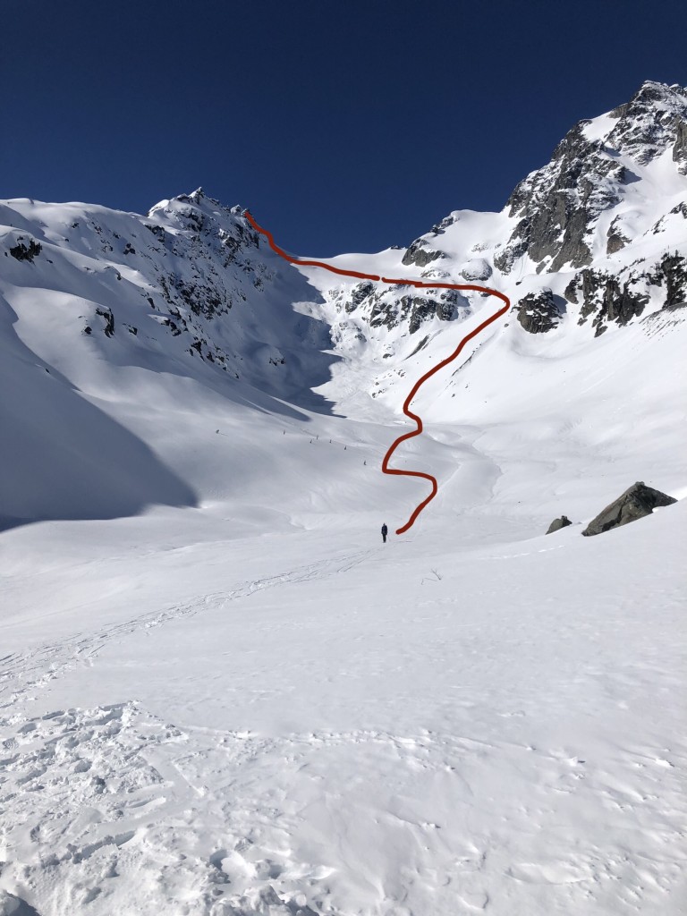Alex just reaching the bottom after a terrific ski from the side of Mt. Matier.