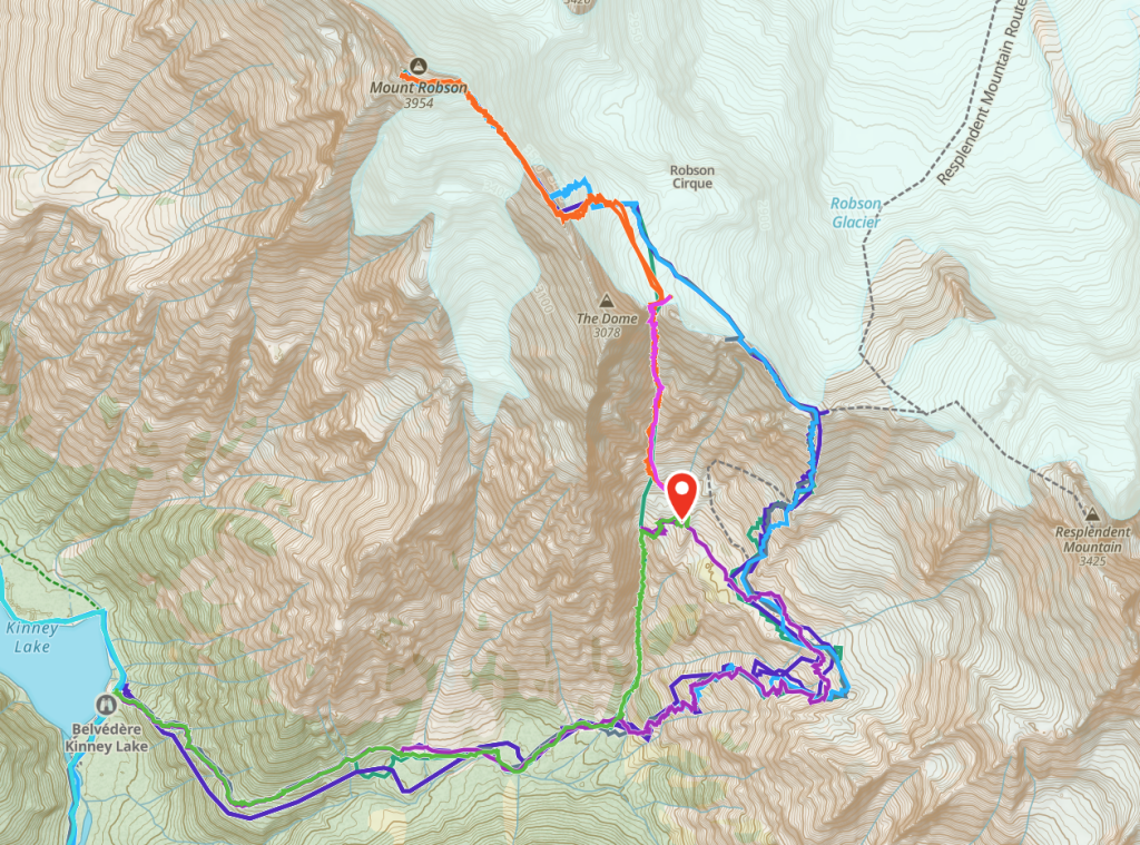 - The green line is the lower couloir.  - The pink is the upper couloir.  - The many lines shooting out to the right show the lower scramble.  - The blue/purple higher up shows the spur.  - The pin is our camp from this trip.