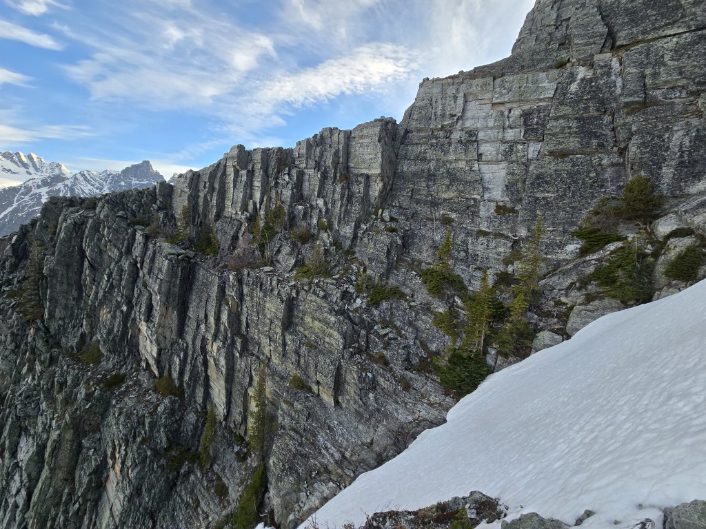 The traverse ledge into the notch. I took the obvious line in the middle, battling my way through trees.