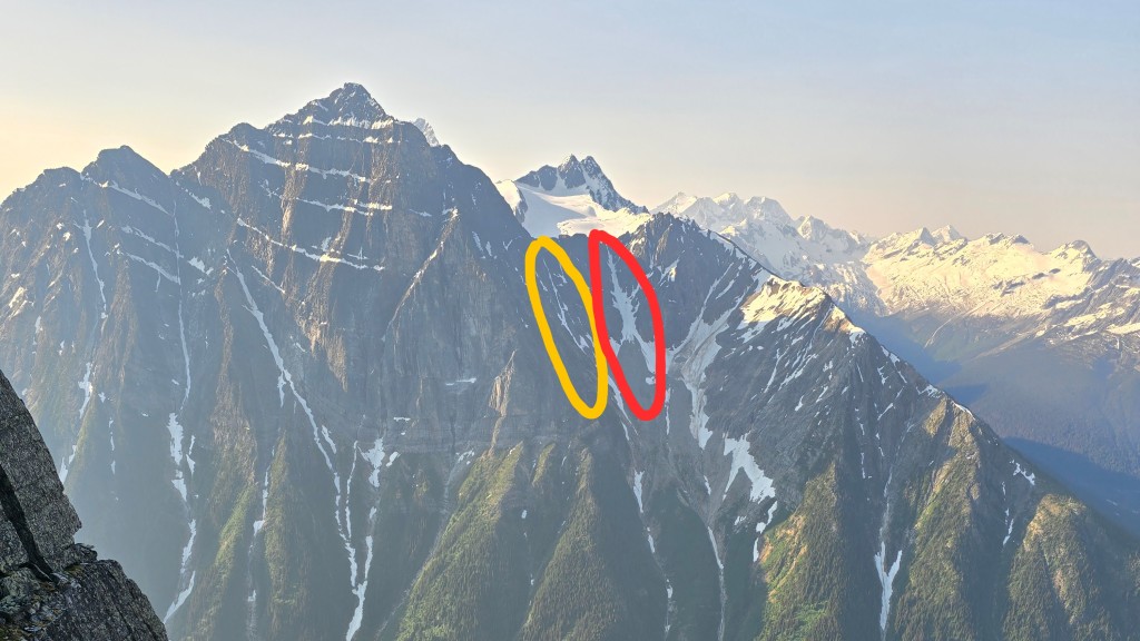 Yellow: Banana Couloir. Red: Upper Herdman Couloir