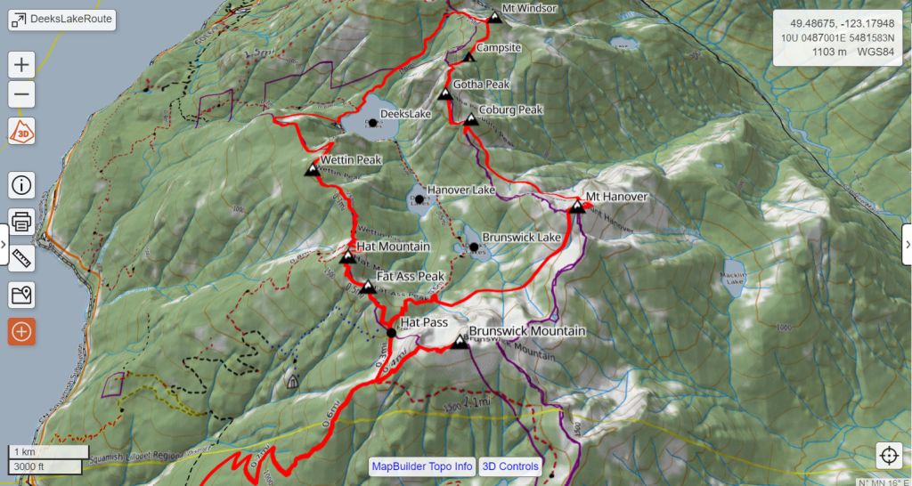 Approximate route map for the trip circumnavigating the Deeks Lake Basin.