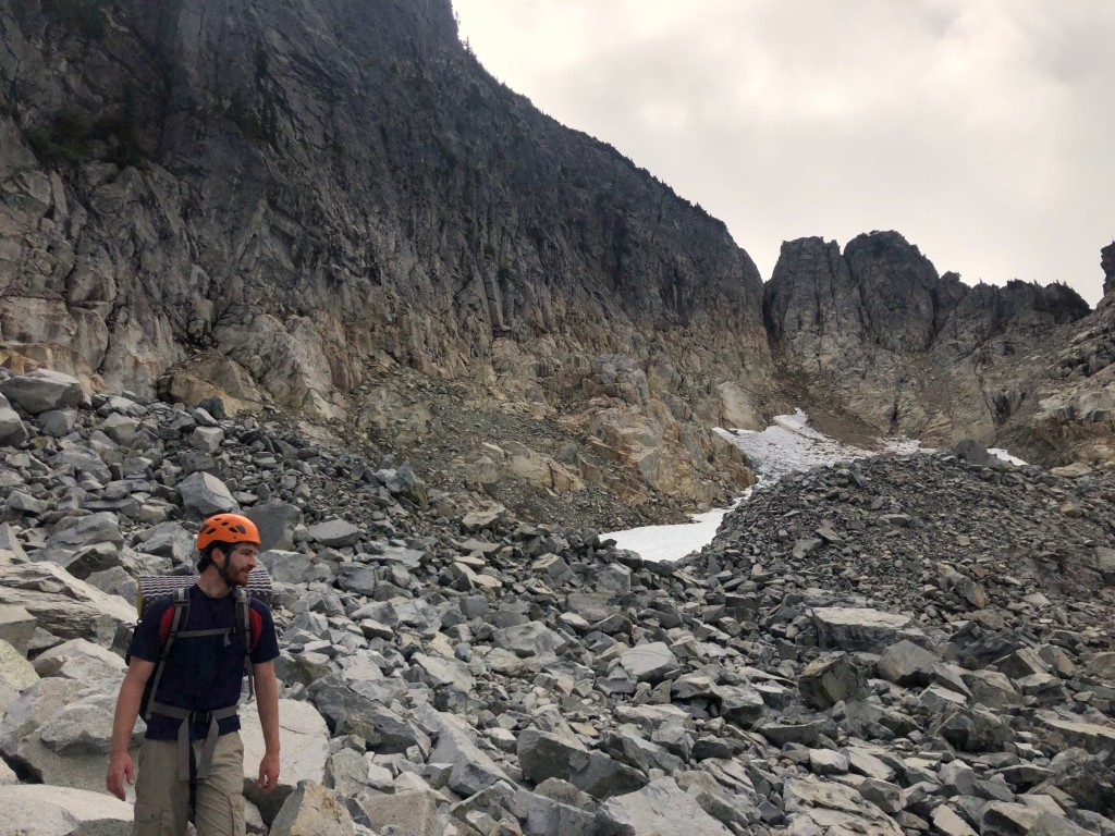 Reaching the top of the boulder field below the north face of Mount Hanover. The backside of “The Tuning Fork” showing itself once again.
