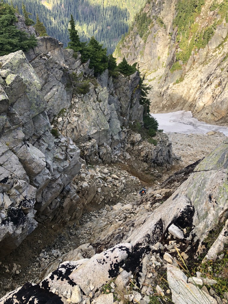 Climbing up our gully system alternative route. Photo taken from the ledge used to exit the gully.