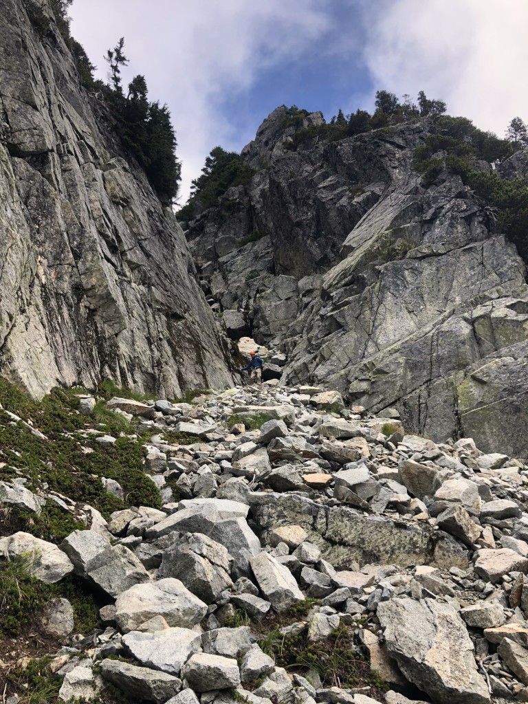 Reaching the bottom of the standard route on the southwest side of Mt Hanover.