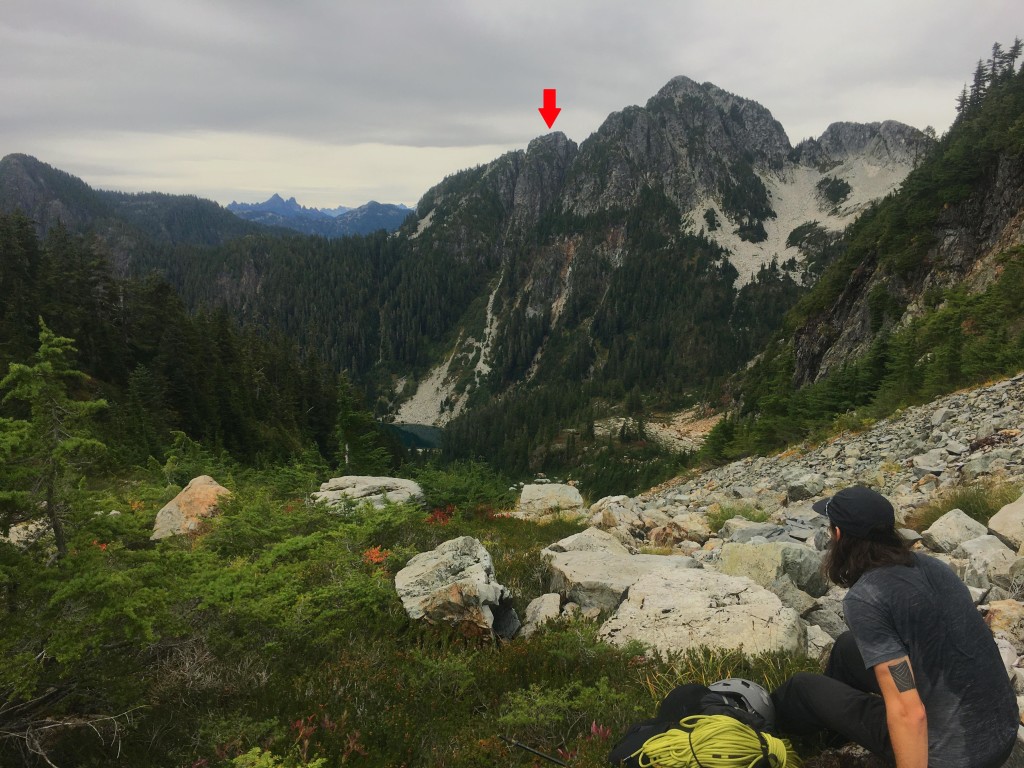 Hat pass looking northeast into the basin towards Mount Hanover. Errol’s “Tuning Fork” (shown with an arrow) being a potential objective for another time. Sky Pilot group seen far in the back.