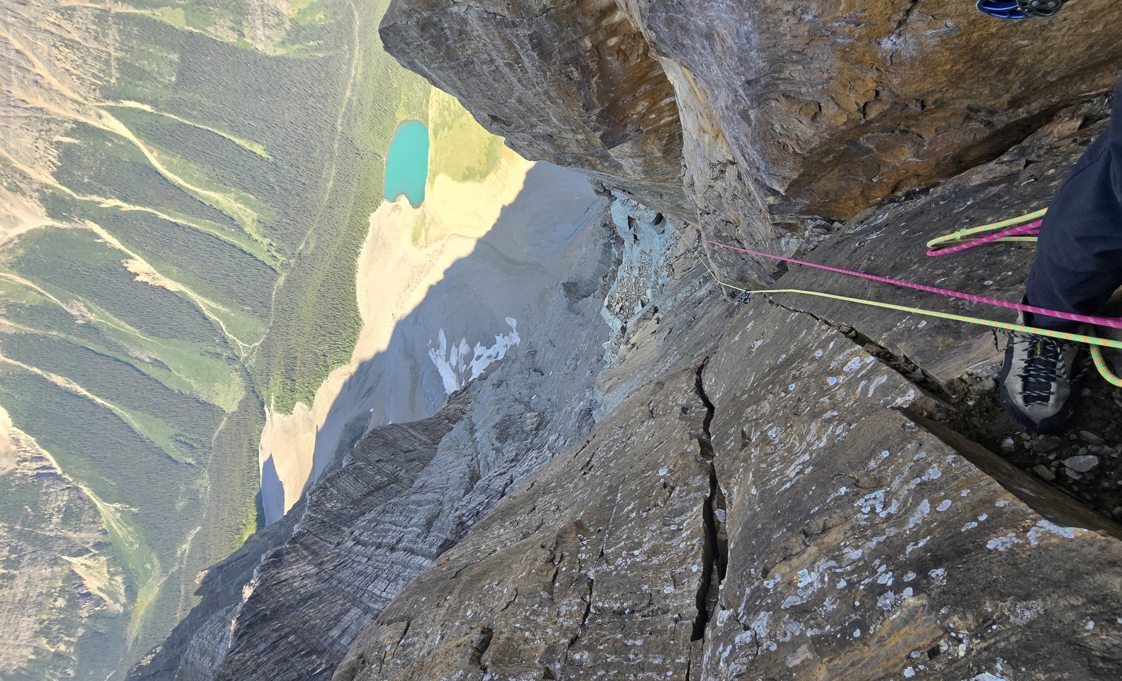 An exposed belay high on the route