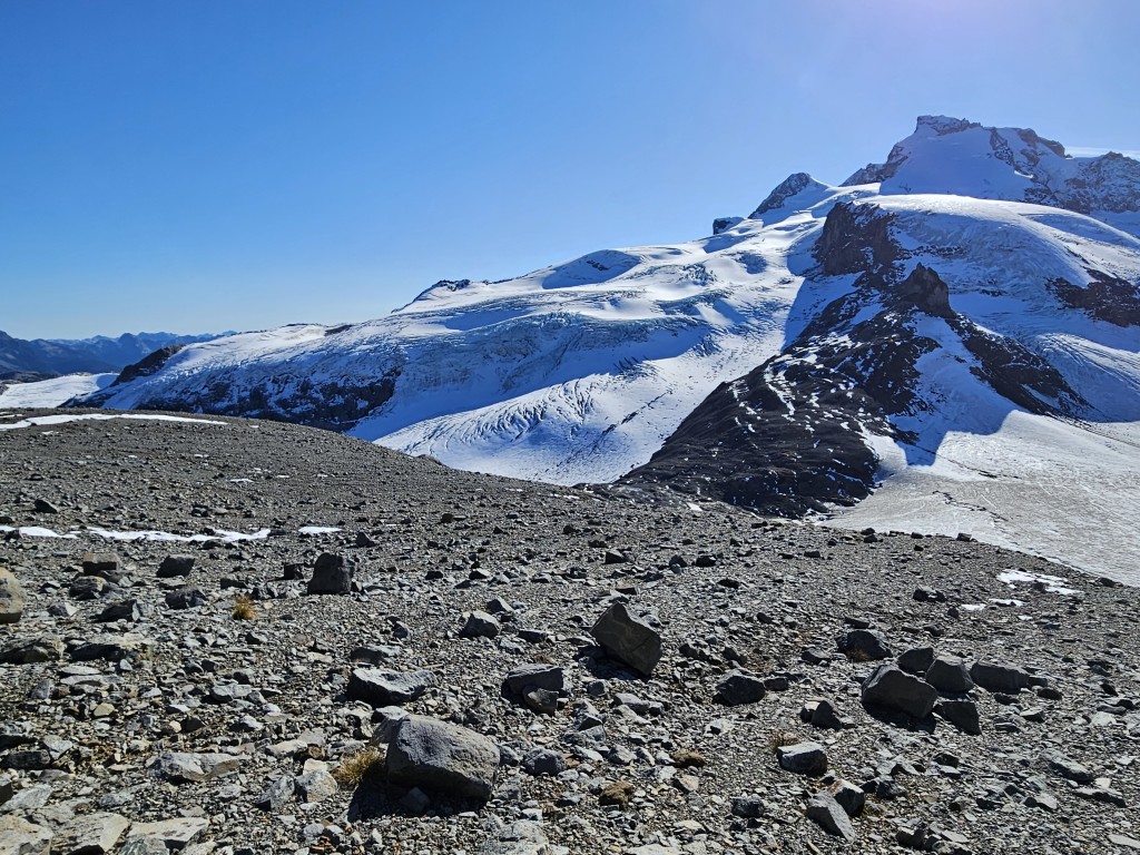 View from Glacier Pikes. I think this gives a good overview of the crevasse field near the Shark Fin