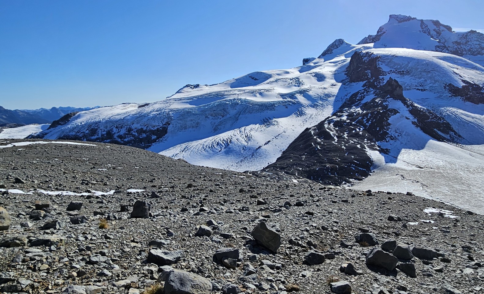 View from Glacier Pikes. I think this gives a good overview of the crevasse field near the Shark Fin