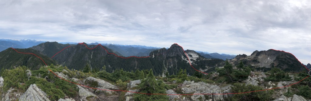 Panorama view from Hat Peak showing the approximate route we would do around the basin.