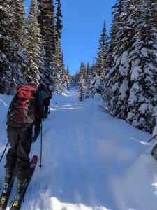 Lower trail. Notice one of my boots are in ski mode. I didn't notice anything and only found out a few hours later. Photo by Connor Baumann.