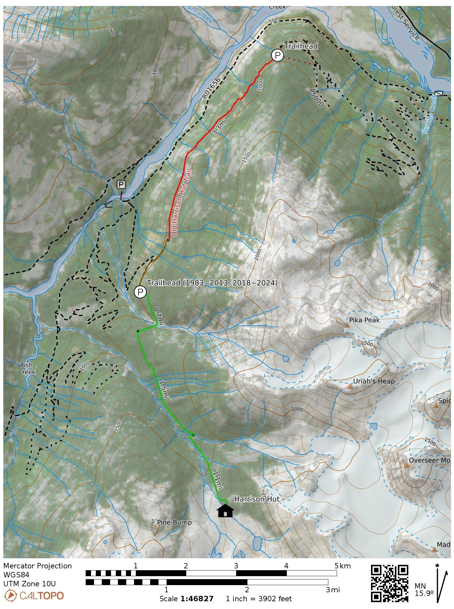 Map of the Harrison Hut trail, trail that needs work in red